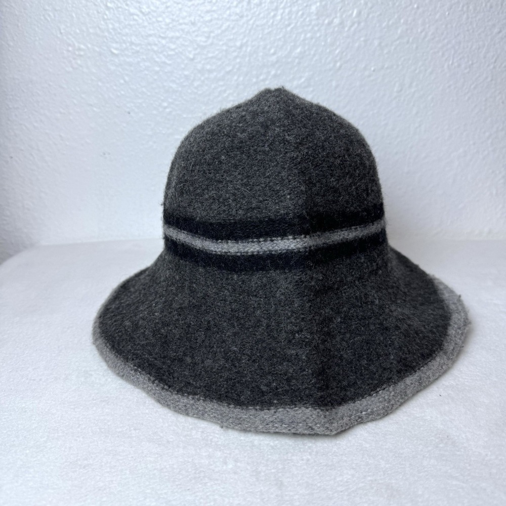 New Coco And Carmen Wool Bucket Hat Charcoal‎ Gray Stripe Winter Preppy Academia